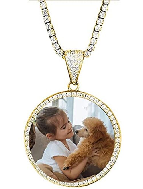 Grance Custom Iced Out Photo Memory Pendants Charm Medallions Necklace Personalized Round Silver/Gold with Rope/Tennis Chain Hip Hop Rapper Necklace for Men