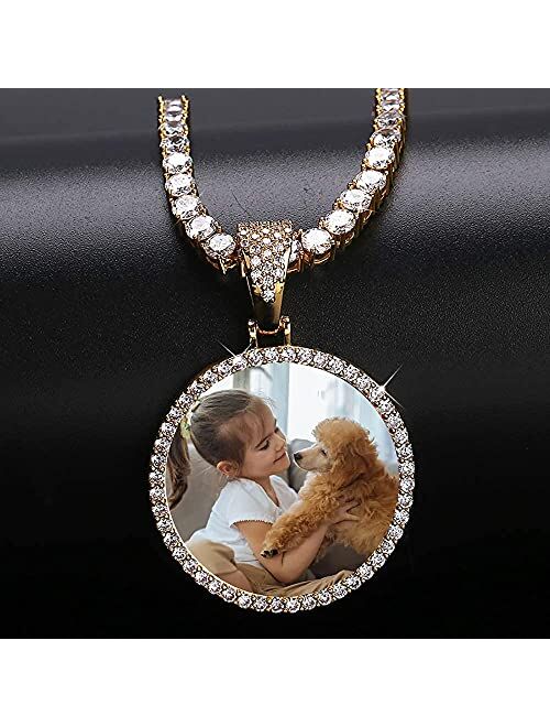 Grance Custom Iced Out Photo Memory Pendants Charm Medallions Necklace Personalized Round Silver/Gold with Rope/Tennis Chain Hip Hop Rapper Necklace for Men