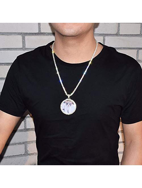 Grance Custom Iced Out Photo Memory Pendants Charm Medallions Necklace Personalized Round Silver/Gold with Rope/Tennis Chain Hip Hop Rapper Necklace for Men