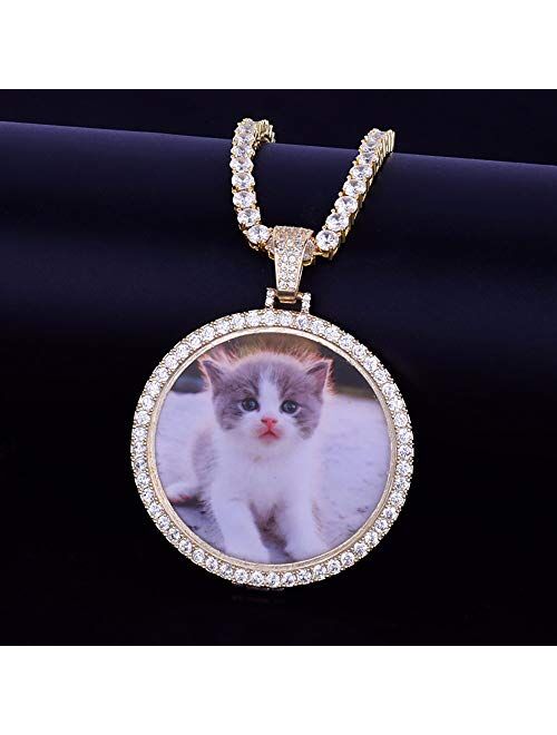 Grance Custom Iced Out Photo Memory Pendants Charm Medallions Necklace Personalized Round Silver/Gold with Rope/Tennis Chain Hip Hop Rapper Necklace for Men