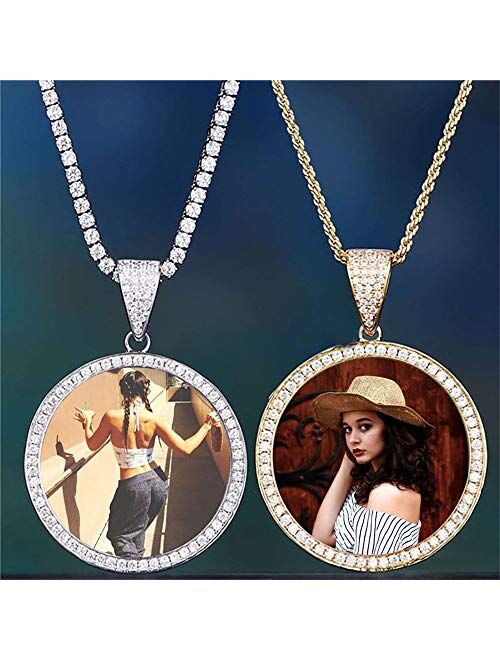 Grance Custom Iced Out Photo Memory Pendants Charm Medallions Necklace Personalized Round Silver/Gold with Rope/Tennis Chain Hip Hop Rapper Necklace for Men