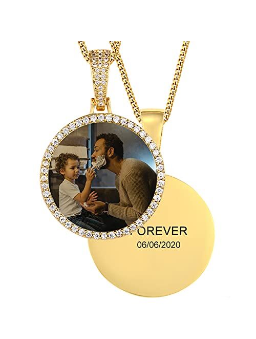 Gugots Personalized Engraved Photo Pendant Customized Memory Picture Necklace With Engraved Text Hip Hop Iced Out Picture Chain For Men Women Custom Image Pendant With Me