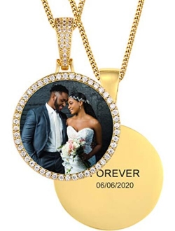 TUHE 18K Iced Out Custom Photo Necklace Personalized with Memory Picture Necklace, Iced Out Round Pendant Necklace with Picture for Men Women Hip Hop Necklace (Optional f