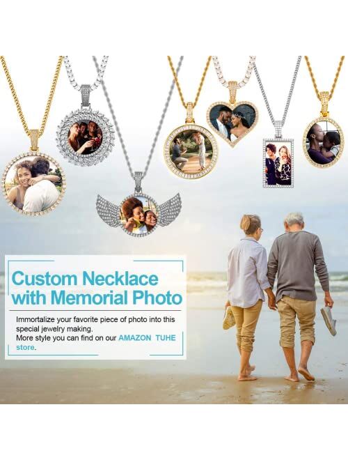 TUHE 18K Iced Out Custom Photo Necklace Personalized with Memory Picture Necklace, Iced Out Round Pendant Necklace with Picture for Men Women Hip Hop Necklace (Optional f