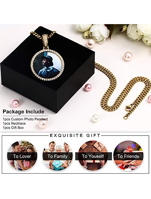 TUHE Hip Hop Jewelry Custom Picture Necklace Personalized 18K Gold Plated Iced Out Pendant Photo Necklace for Men Women Memory Charm Chain Necklace Customized with Text E