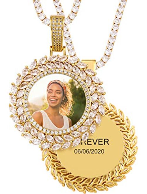TUHE Hip Hop Jewelry Custom Picture Necklace Personalized 18K Gold Plated Iced Out Pendant Photo Necklace for Men Women Memory Charm Chain Necklace Customized with Text E