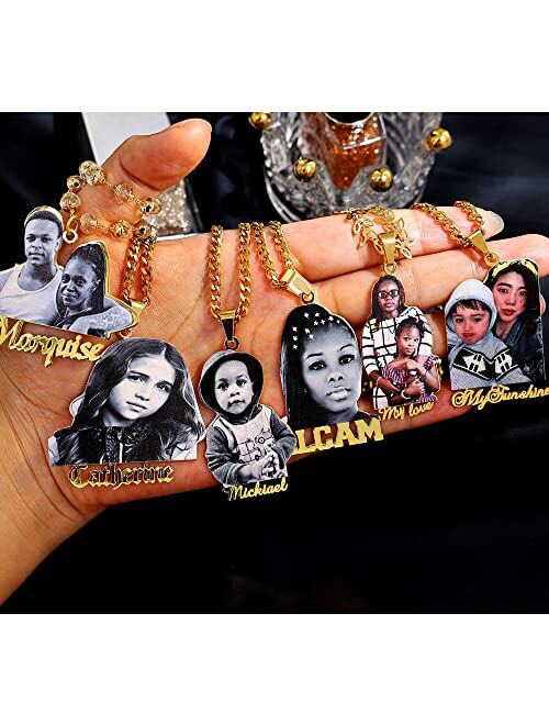 Dovotiwant Custom Photo Necklace Picture Pendant Necklace Personalized Hip Hop Style Necklace 18K Gold Plated Name Necklace Jewelry Gift For Women/Men