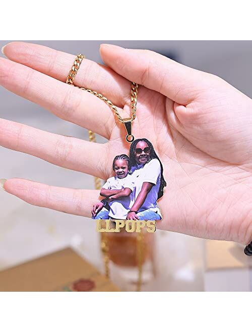 Dovotiwant Custom Photo Necklace Picture Pendant Necklace Personalized Hip Hop Style Necklace 18K Gold Plated Name Necklace Jewelry Gift For Women/Men