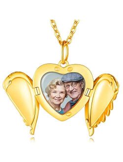 Custom4U Angel Wing Locket Necklace That Holds Picture for Women,Gold/Rose Gold/ 925 Sterling Silver Personalized Photo Heart Shaped Charm with Chain 16"/18"/22",Memorial