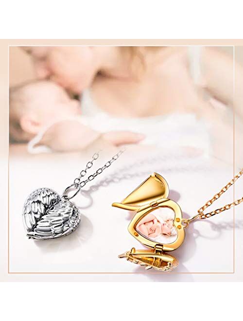 Custom4U Angel Wing Locket Necklace That Holds Picture for Women,Gold/Rose Gold/ 925 Sterling Silver Personalized Photo Heart Shaped Charm with Chain 16"/18"/22",Memorial