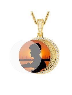 YIMERAIRE Photo Necklace for Men Custom Picture Around Pendant Necklace Rope Chain Personalized AAA Cubic Zirconia Hamsa Hand Necklace Bling Hip Hop Jewelry for Men