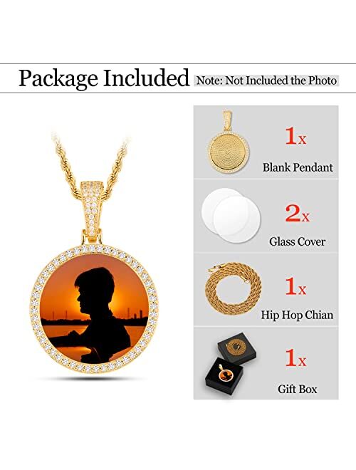 YIMERAIRE Photo Necklace for Men Custom Picture Around Pendant Necklace Rope Chain Personalized AAA Cubic Zirconia Hamsa Hand Necklace Bling Hip Hop Jewelry for Men