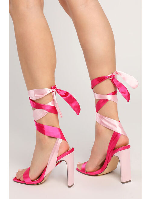 Lulus Jania Fuchsia and Light Pink Satin Lace-Up High Heel Sandals