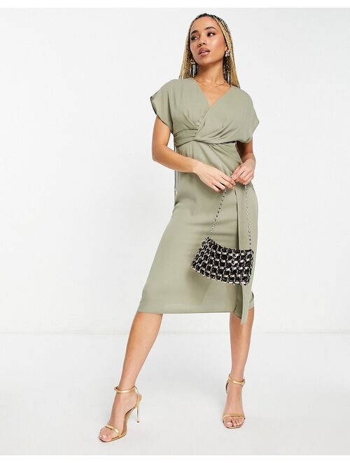 ASOS DESIGN twist and drape front midi dress in khaki