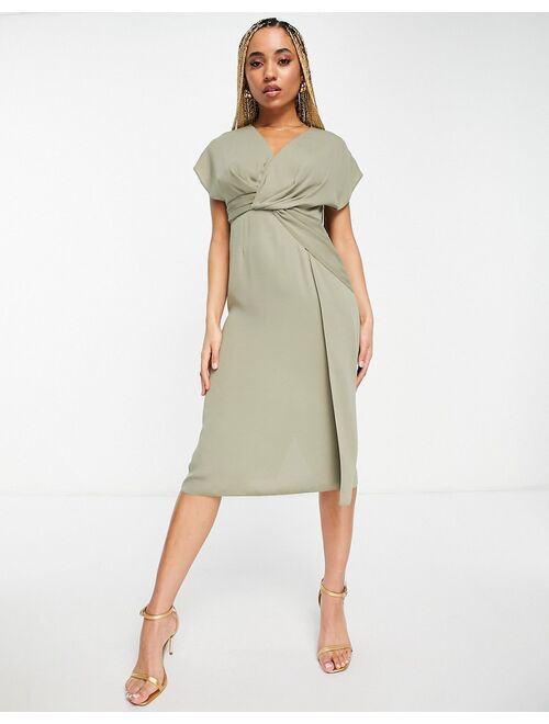 ASOS DESIGN twist and drape front midi dress in khaki
