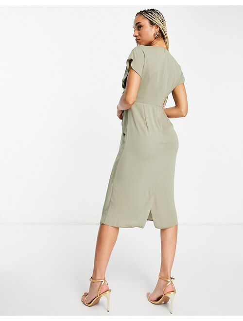 ASOS DESIGN twist and drape front midi dress in khaki