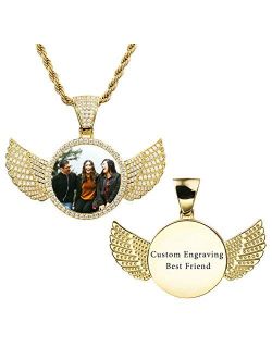 VIBOOS Personalized Hip Hop Memory Pendant Necklace Custom Picture Text for Men Women Custom Photo Copper Angel Wing Heart & Round Medal Rope Chain Jewelry Souvenir Gift