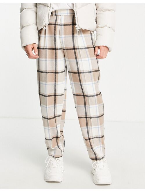 ASOS DESIGN oversized tapered wool mix smart pants in large scale ecru check
