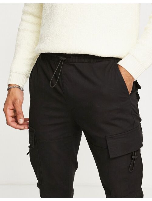 Topman skinny cargo pants with elasticated waist in black