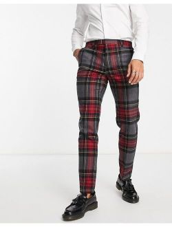 Twisted Tailor cardosi slim fit smart pants in gray and red check with pocket chain