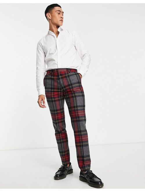 Twisted Tailor cardosi slim fit smart pants in gray and red check with pocket chain