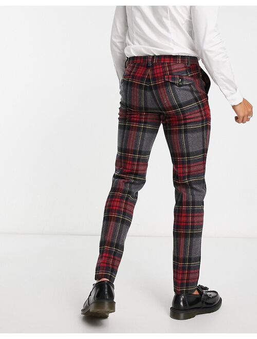 Twisted Tailor cardosi slim fit smart pants in gray and red check with pocket chain