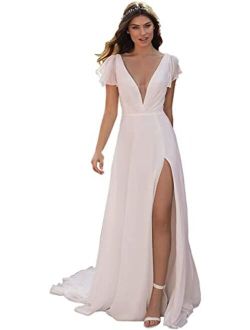 Fangsky Women's Beach Wedding Dresses for Bride 2022 Boho Bridal Gowns for Wedding Lace Wedding Gowns Long