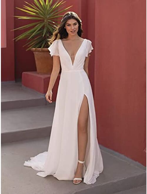 Fangsky Women's Beach Wedding Dresses for Bride 2022 Boho Bridal Gowns for Wedding Lace Wedding Gowns Long