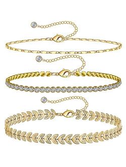 Wesparking Gold Ankle Bracelets for Women 14k Gold Plated Anklet Silver Tennis Rose Quartz Cross Bead Herringbone Snake Paperclip Chain Cubic Zirconia Dainty Layered Ankl