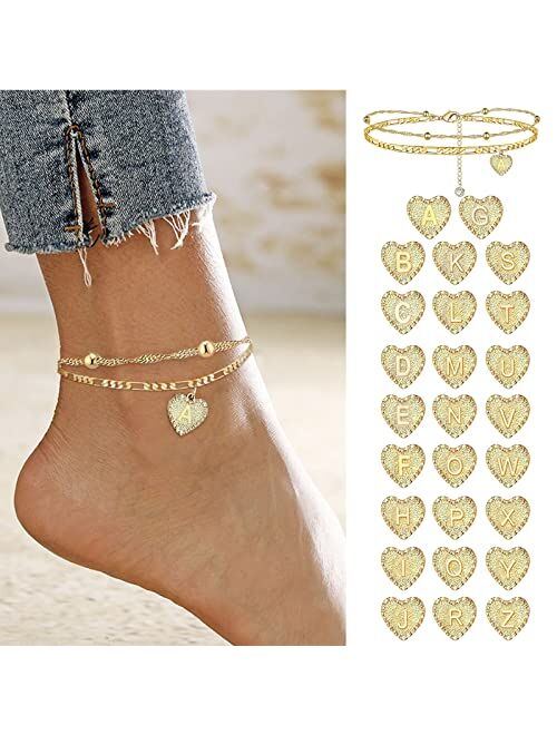 GserGdK 1PCS Heart Initial Ankle Bracelets for Women Gold 26 Letters Love Anklet Women's Foot Chain Heart-Shaped Double-Layer Anklet Bracelets for Women Jewelry Gifts (A,