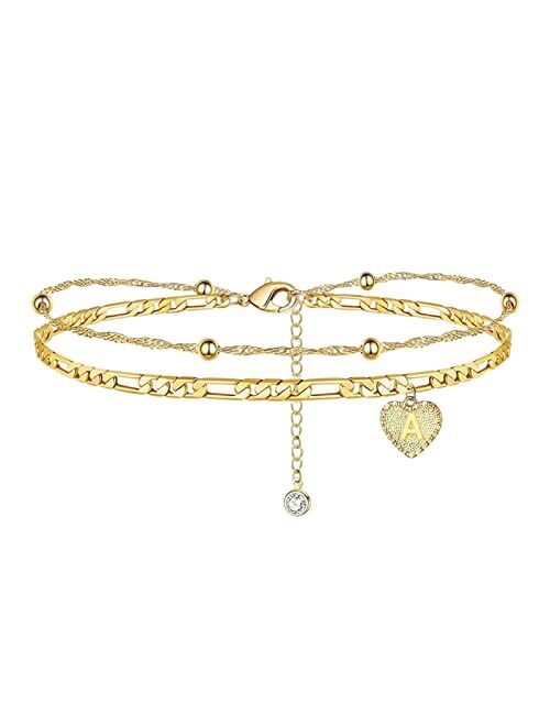 GserGdK 1PCS Heart Initial Ankle Bracelets for Women Gold 26 Letters Love Anklet Women's Foot Chain Heart-Shaped Double-Layer Anklet Bracelets for Women Jewelry Gifts (A,
