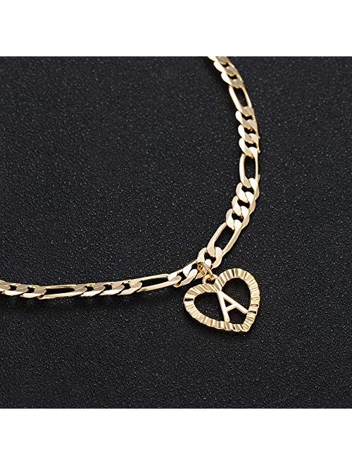 YANODA Initial Ankle Bracelets for Women 14K Gold Plated Layered Figaro Chain Letter Initial Anklets Handmade Layered Heart Ankle Bracelets Personalized Gifts for Women T