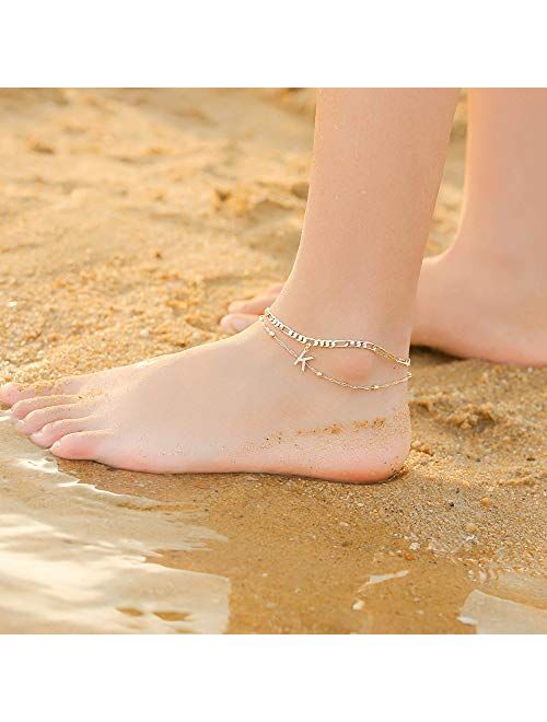 Ursteel Ankle Bracelets for Women, 14K Gold Plated Dainty Layered Figaro Chain CZ Initial Anklets Summer Jewelry Gifts for Women Teen Girls