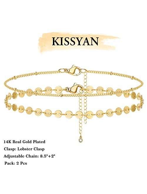 KissYan Gold Layered Ankle Bracelets for Women, Dainty 14k Gold Plated Double Layering Cuban Link Foot Chain Adjustable Paperclip Beaded Summer Beach Anklets Set Simple F