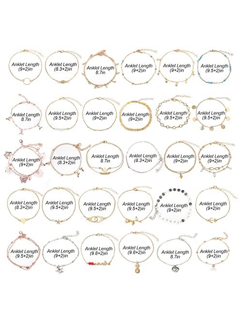 ESRICH 30/40PCS Ankle Bracelets for Women Girls Set, Gold Silver Rose Gold Three Style Jewelry Anklets for Women Beach Jewelry Gifts Adjustable Size Beach Anklet Set