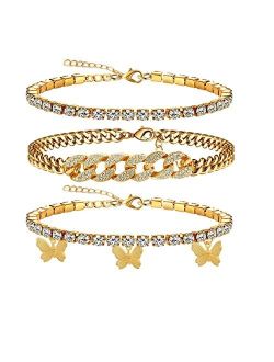 yfstyle 3PCS Butterfly Ankle Bracelet for Women Girls Charms Butterfly Ankle Rhinestone Anklets Bulk Adjustable Layered Braided Chain Anklet for Summer Beach