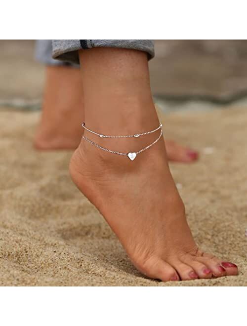 Moodear Silver Ankle Bracelets for Women, Sterling Silver Initial Anklet Layered Dainty Tiny Heart Charm Handmade Carved Alphabet A-Z Letter Ankle Bracelet Beaded Foot Ch
