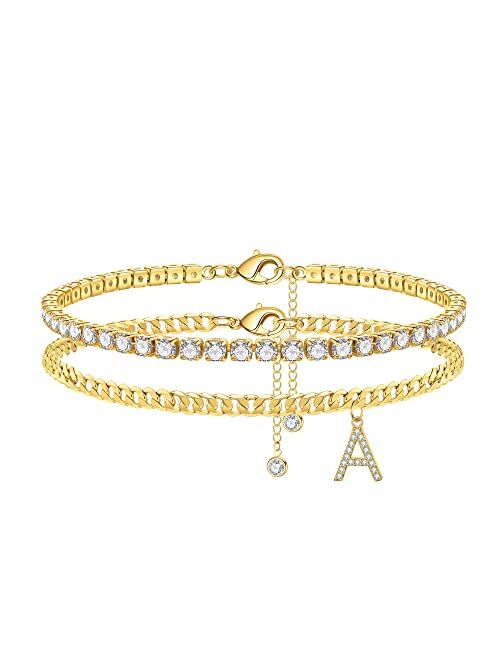 Iefshiny Ankle Bracelets for Women Initial Anklet, 14K Gold Plated Layered Cubic Zirconia Tennis Ankle Bracelets Dainty Letter Initial Anklet A-Z Gold Anklets for Women T