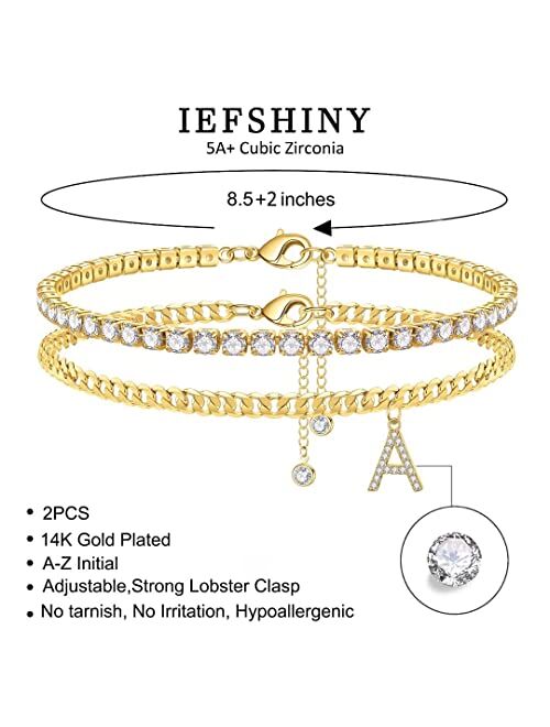 Iefshiny Ankle Bracelets for Women Initial Anklet, 14K Gold Plated Layered Cubic Zirconia Tennis Ankle Bracelets Dainty Letter Initial Anklet A-Z Gold Anklets for Women T