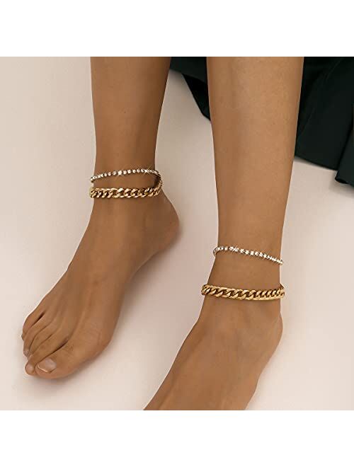 Impurain Bling Tennis Anklet Bracelet for Women Layered Link Chain Anklet Beach Shiny Rhinestone Ankle Jewelry…