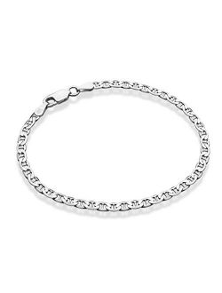 925 Sterling Silver Italian 3mm, 4mm Solid Diamond-Cut Mariner Link Chain Anklet Ankle Bracelet for Women, Made in Italy
