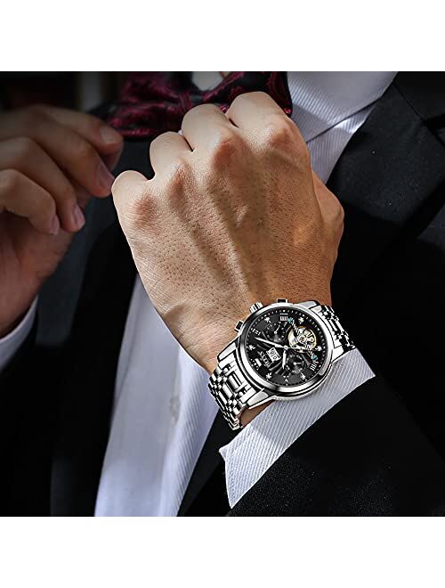 OLEVS Men Automatic Watch Skeleton 5 Hands Mechanical Classic Luxury Multi Calendar Stainless Steel Waterproof Wrist Watch for Men