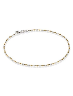 925 Sterling Silver Diamond-Cut Oval and Round Bead Ball Chain Anklet Ankle Bracelet for Women Teen Girls, Made in Italy