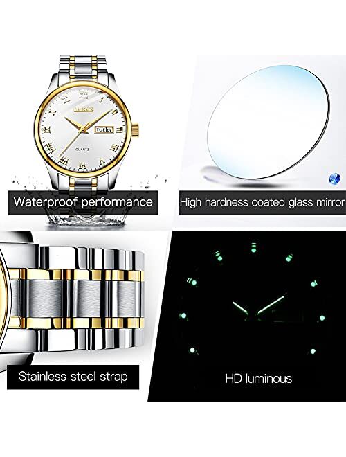 OLEVS Mens Watches Stainless Steel Wristwatch with Day Date Waterproof Luminous Analog Quartz Fashion Business Sport Watches for Men