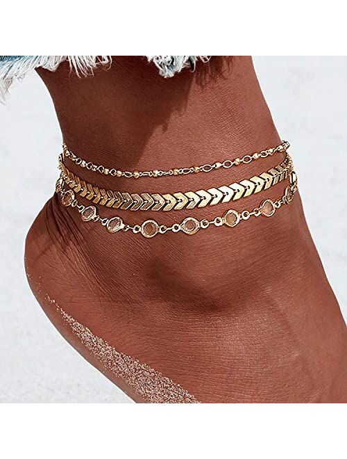 DEARMAY Gold Anklets for Women 14K Gold Ankle Bracelets for Women 3Pcs Waterproof CZ Herringbone Cuban Link Anklets Set Layered Anklet Bracelets for Women Anklet for Wome