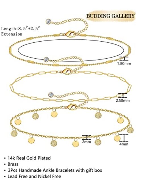 Budding Gallery Gold Ankle Bracelets for Women 14k Gold Plated Anklet Silver Evil Eye Butterfly Star Rose Quartz Bead Box Paperclip Chain Dainty Layered Anklet Set 3Pcs J