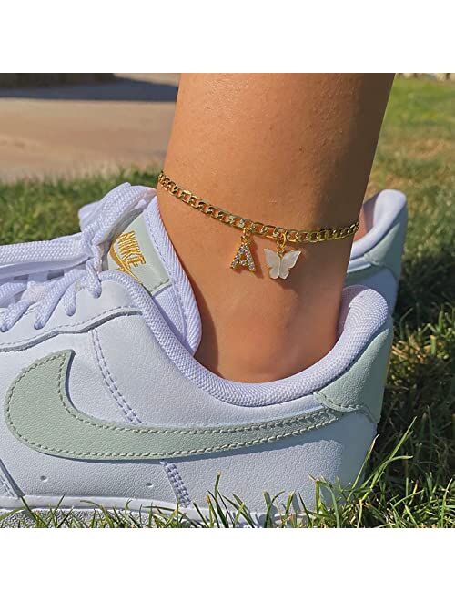 Viromy 14K Gold Plated Dainty Butterfly Initial Ankle Bracelets Handmade Cuban Chain White Butterfly A-Z Alphabet Letter Initial Anklets Personalized Summer Beach Jewelry