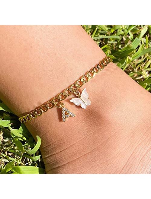 Viromy 14K Gold Plated Dainty Butterfly Initial Ankle Bracelets Handmade Cuban Chain White Butterfly A-Z Alphabet Letter Initial Anklets Personalized Summer Beach Jewelry