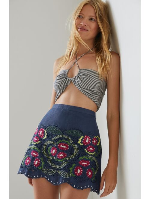 Anthropologie Embroidered Low-Rise Mini Skirt
