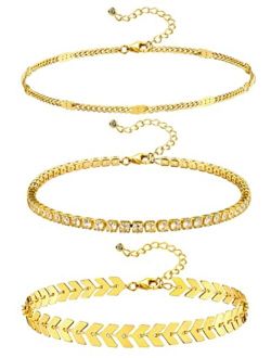 YMQAHWY Gold Ankle Bracelets for Women 18K Gold Plated Anklets for Women 3Pcs Gold Tennis Leaf Flat Chain Anklets Dainty Adjustable Layered Anklets Summer Beach Anklets J